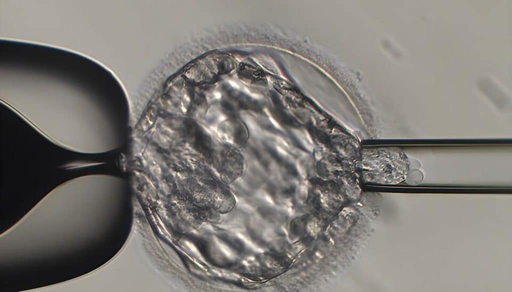An image of an embryo biopsy being performed during preimplantation genetic testing